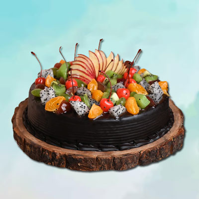 "Round shape Chocolate with decorated Fruits cake - 1kg - Click here to View more details about this Product